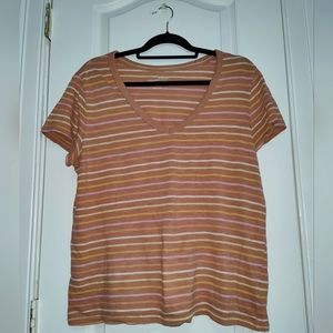 Brown V-Neck T-Shirt with Pastel Stripes